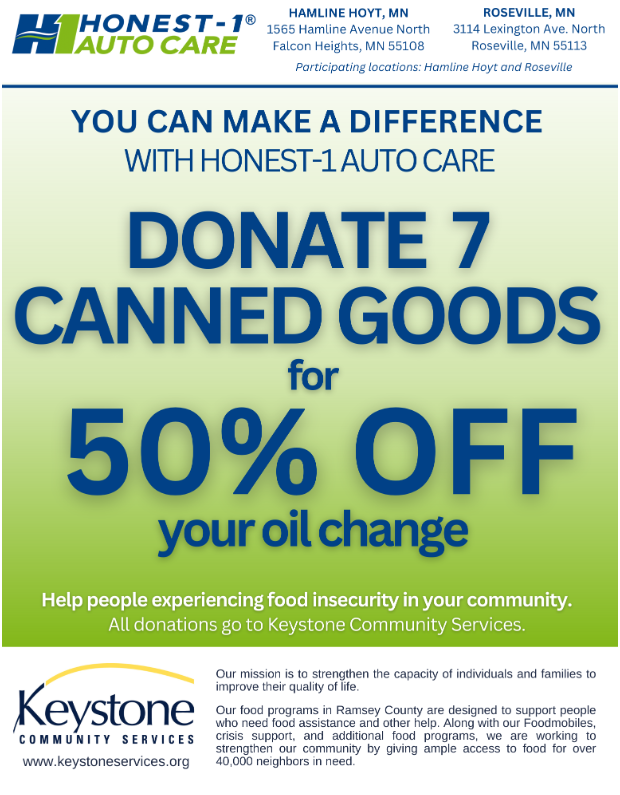 Donate 7 canned goods for 50% of your oil change - Honest-1 Auto Care Roseville